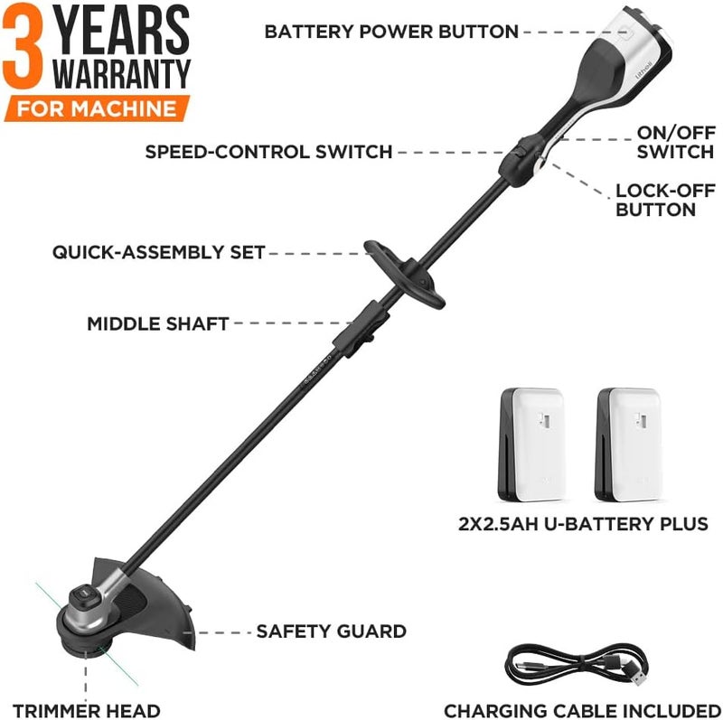 LiTHELi 2x20V 14" Brushless Cordless String Trimmer, Battery Powered Weed Eater, U20 Series Grass Trimmer with 2.5Ah Battery, Dual Line Bump Feed for Lawn Trimming, Lawn Care - Image 2
